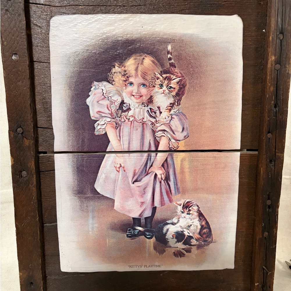 Vintage RaisinRax Wood Picture “ playtime with The Kittens. Beautiful